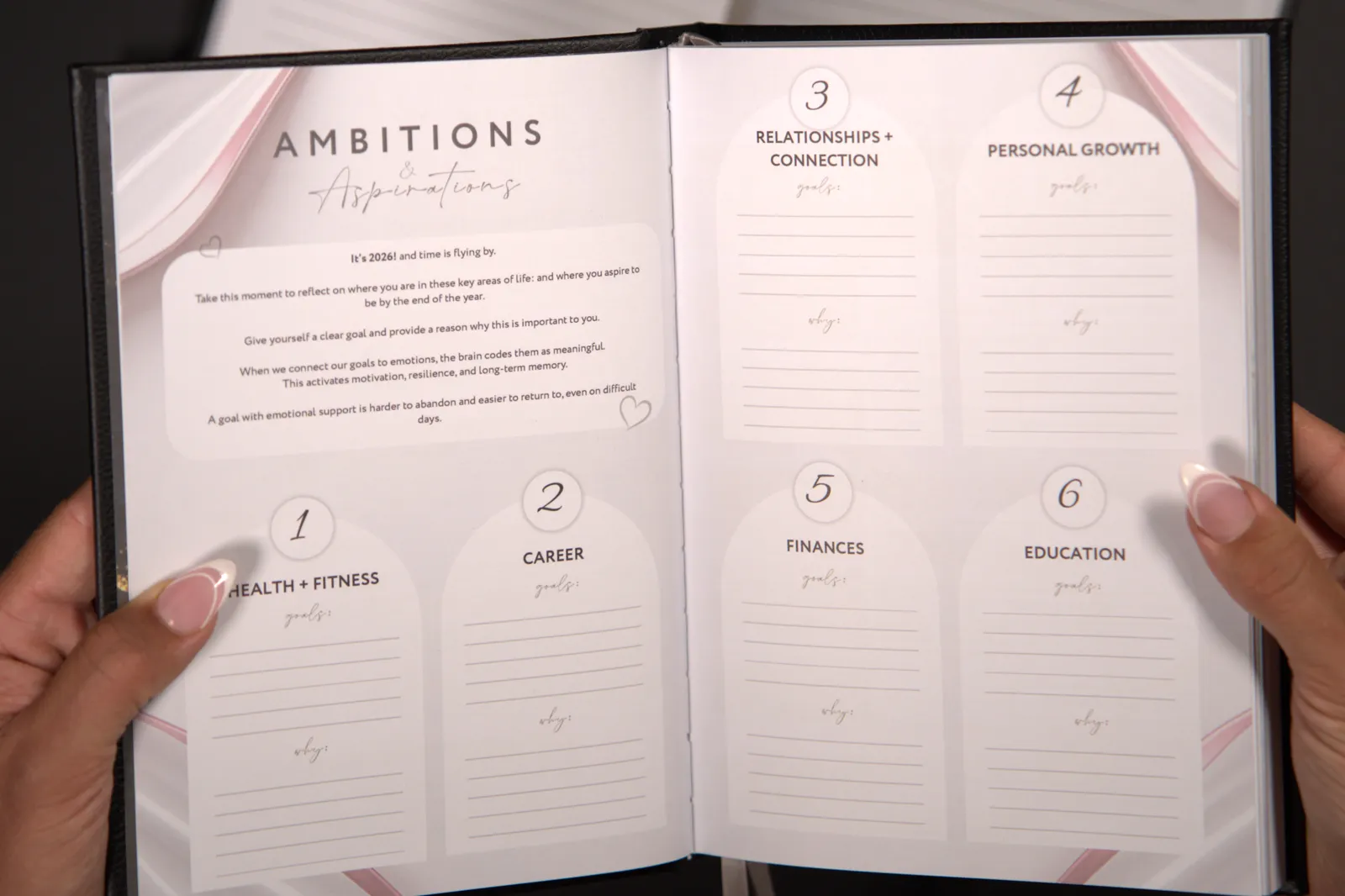 Hands holding the journal open at the Ambitions and Aspirations spread