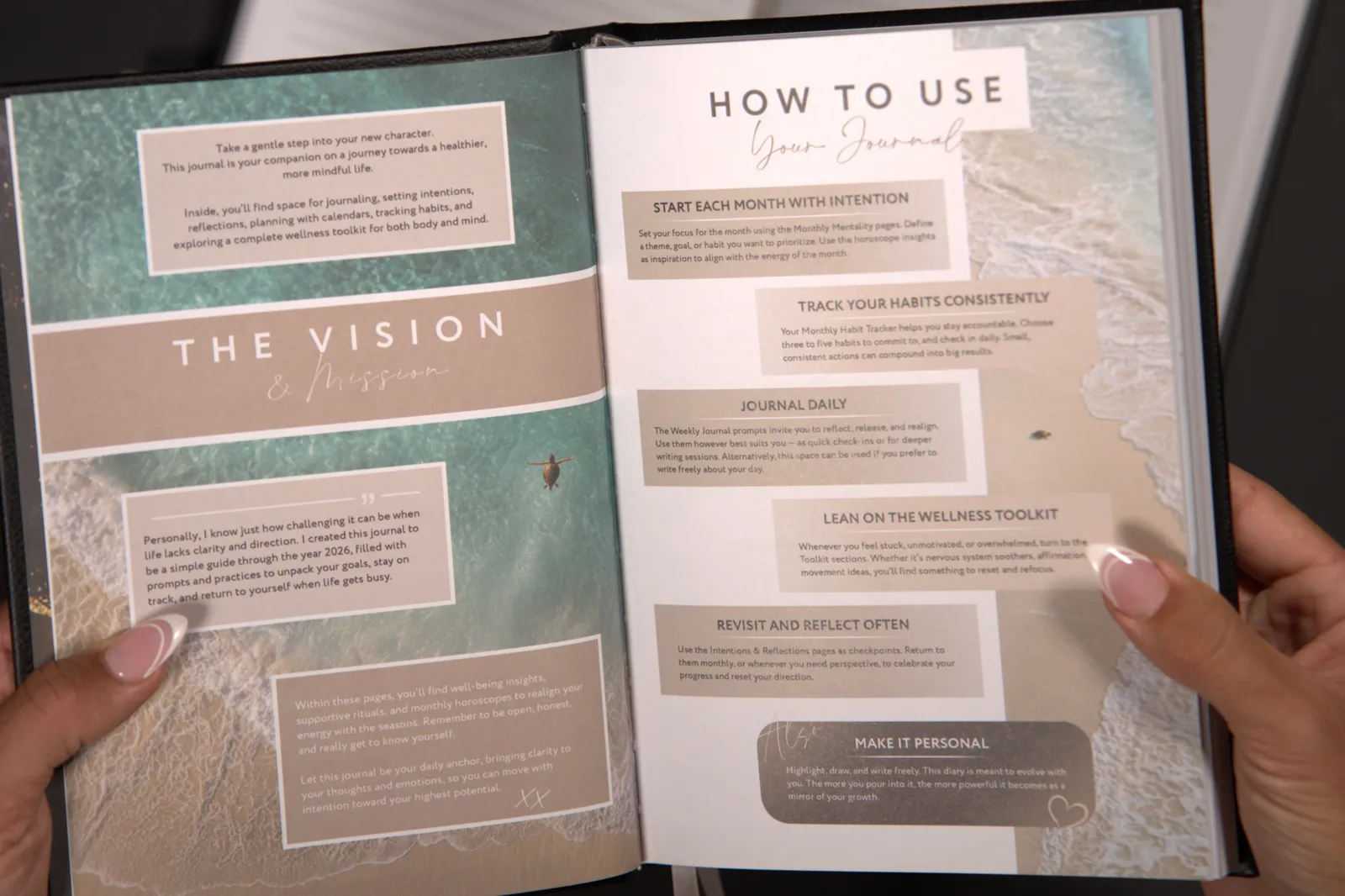 Hands holding the journal open at the Vision and How To Use spread